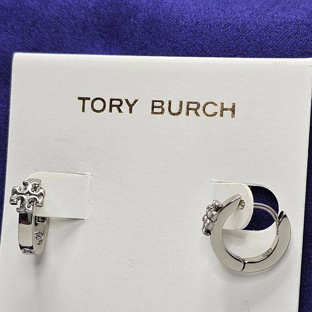 Tory Burch Kira Silver Hoop Huggie Earrings 18k gold plated Double T Logo New
